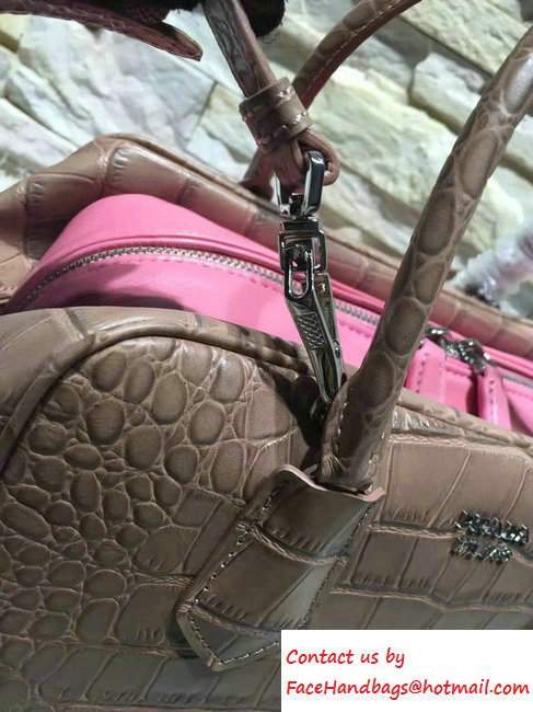 Prada Inside Croco Pattern Leather Top Handle Bag Medium Bag 1BB010 Camel/Pink