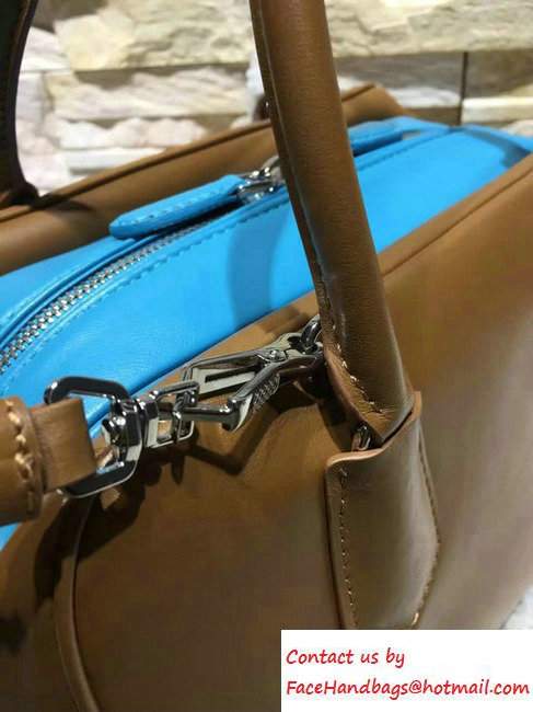 Prada Inside Soft Calf Leather Top Handle Medium Bag 1BB010 camel/Turquoise