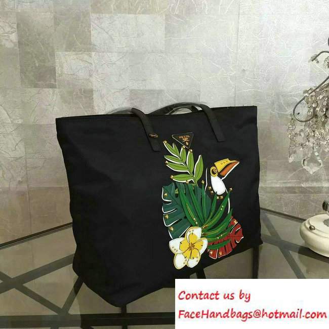 Prada Leaves and Bird Fabric Tote Bag 1BG065 2016