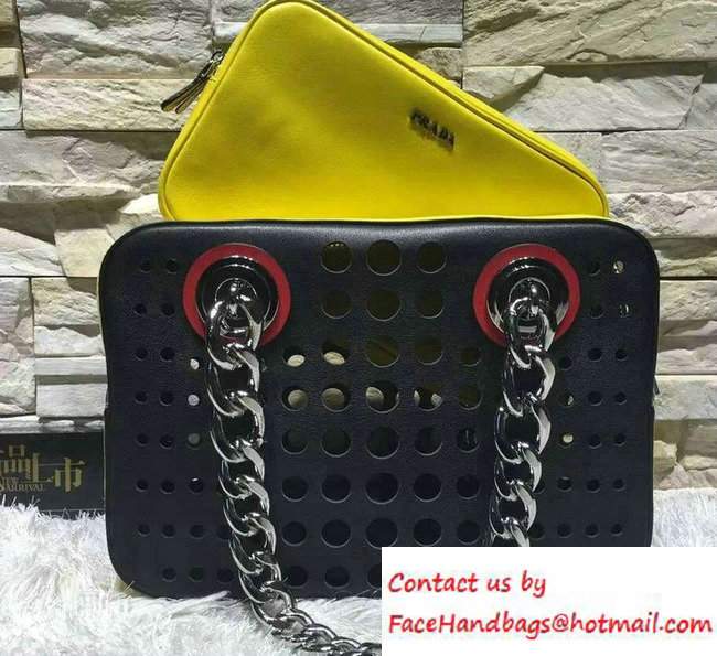 Prada Perforated City Fori Chain Shoulder Bag Black/Yellow Resort 2016