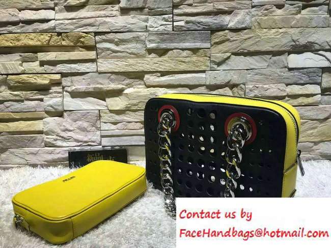 Prada Perforated City Fori Chain Shoulder Bag Black/Yellow Resort 2016