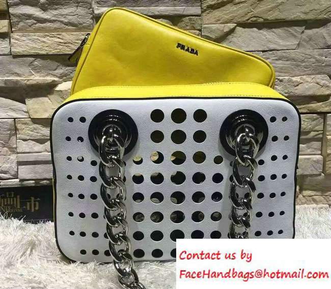 Prada Perforated City Fori Chain Shoulder Bag White/Yellow Resort 2016