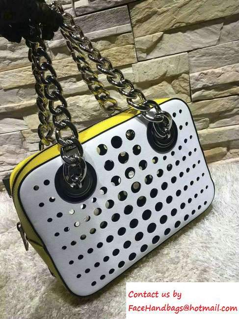 Prada Perforated City Fori Chain Shoulder Bag White/Yellow Resort 2016