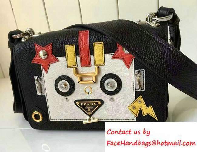 Prada Robot Motif Calf Leather Shoulder Bag 1BD055 Black/White 2016