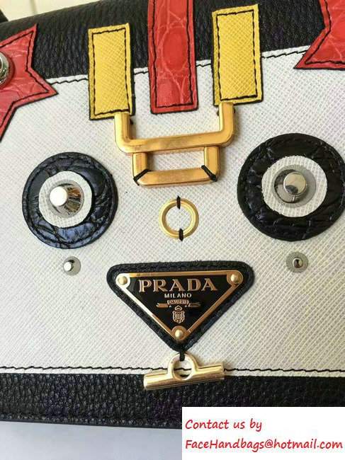 Prada Robot Motif Calf Leather Shoulder Bag 1BD055 Black/White 2016