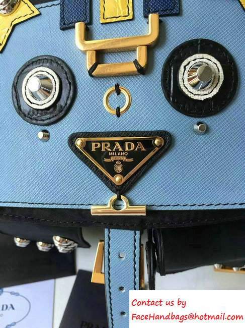 Prada Robot Motif Fabric Backpack Bag 1BZ811 Black/Pale Blue 2016