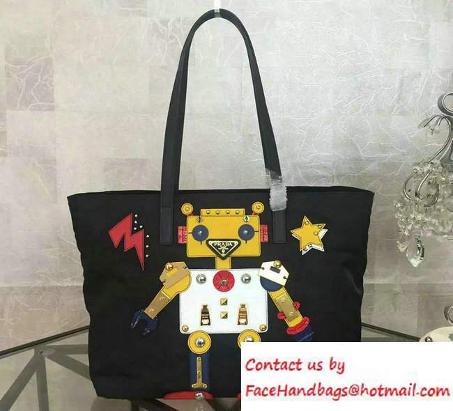 Prada Robot Motif Fabric Tote Bag 1BG052 Black/Yellow 2016