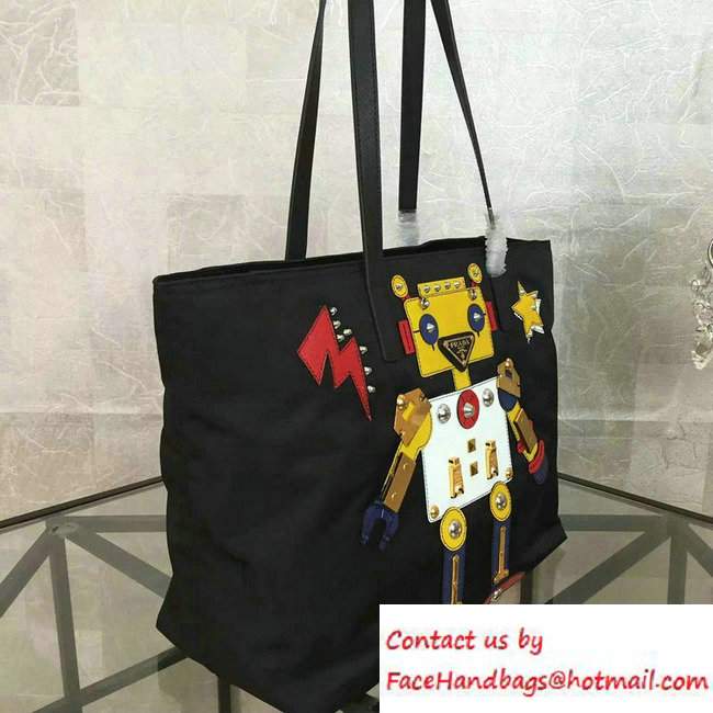 Prada Robot Motif Fabric Tote Bag 1BG052 Black/Yellow 2016