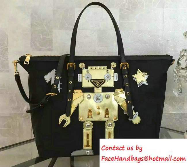 Prada Robot Motif Fabric Tote Bag 1BG253 Black/Gold 2016