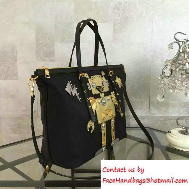 Prada Robot Motif Fabric Tote Bag 1BG253 Black/Gold 2016