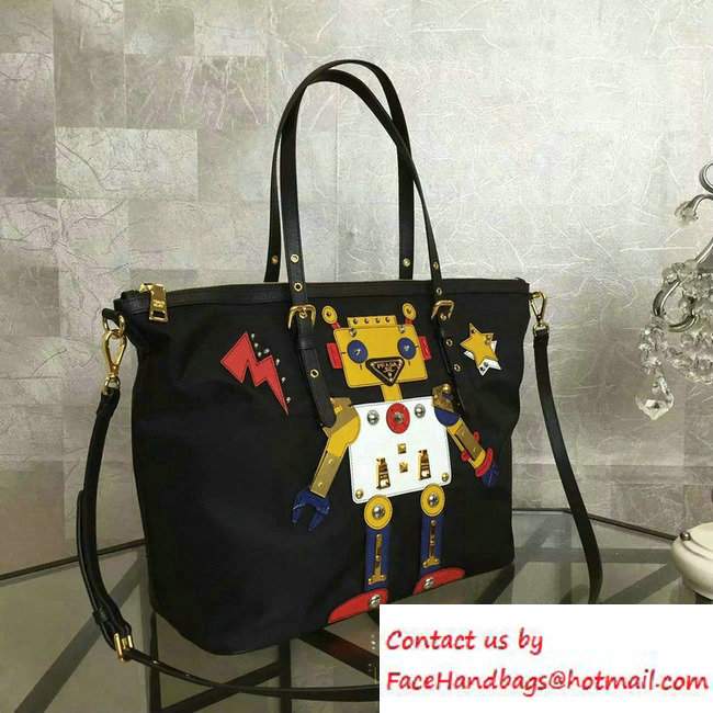 Prada Robot Motif Fabric Tote Bag 1BG253 Black/Yellow 2016