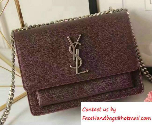 Saint Laurent Small Sunset Monogram Flap Front Bag In Grained Leather 441972 Burgundy 2016