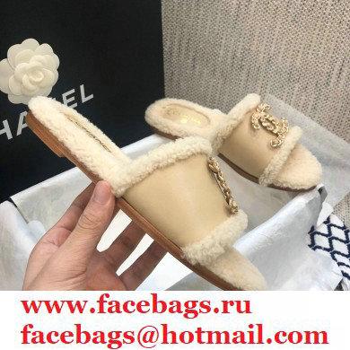 Chanel Shearling Fur Chain CC Logo Slipper Sandals Beige 2020