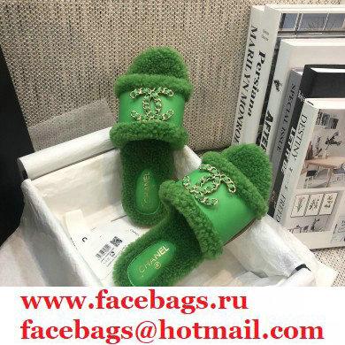 Chanel Shearling Fur Chain CC Logo Slipper Sandals Green 2020