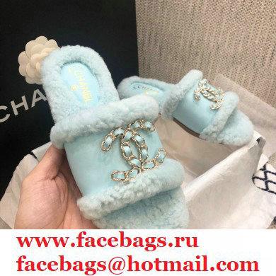 Chanel Shearling Fur Chain CC Logo Slipper Sandals Light Blue 2020