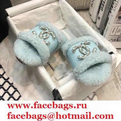 Chanel Shearling Fur Chain CC Logo Slipper Sandals Light Blue 2020