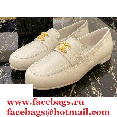 Chanel Top Quality Calfskin Gold CC Logo Loafers White 2020