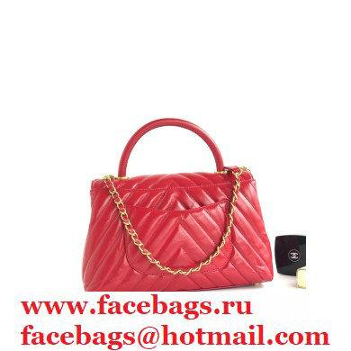 Chanel Waxy Leather Coco Handle Chevron Medium Flap Bag Red with Top Handle A92991