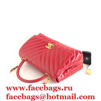 Chanel Waxy Leather Coco Handle Chevron Medium Flap Bag Red with Top Handle A92991