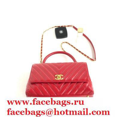 Chanel Waxy Leather Coco Handle Chevron Medium Flap Bag Red with Top Handle A92991