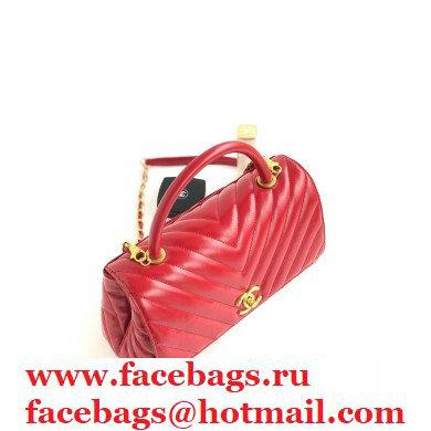 Chanel Waxy Leather Coco Handle Chevron Medium Flap Bag Red with Top Handle A92991