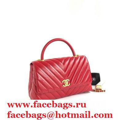 Chanel Waxy Leather Coco Handle Chevron Medium Flap Bag Red with Top Handle A92991