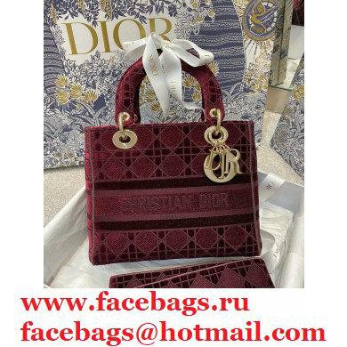 DIOR Burgundy Cannage Embroidered Velvet Medium Lady D-Lite Bag 2020