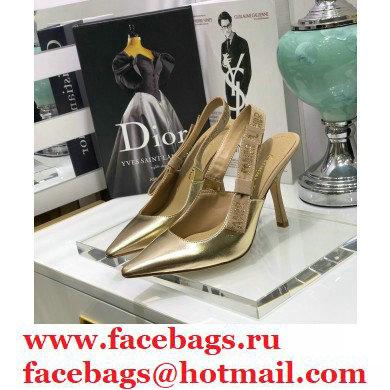 Dior Heel 9.5cm Rhinestone J'Adior Slingback Pumps Metallic Gold 2020