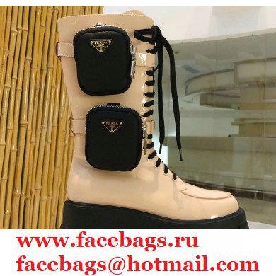 Prada Monolith Patent Leather Rois Boots Beige with Removable Nylon Pouches 2020