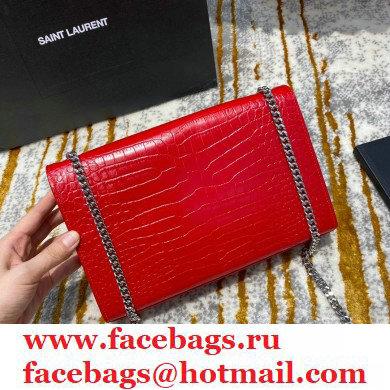 saint laurent Kate chain wallet with tassel in crocodile embossed leather 354119 red/silver