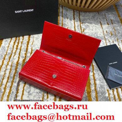 saint laurent Kate chain wallet with tassel in crocodile embossed leather 354119 red/silver