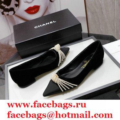 Chanel Heel 2cm Pearl Bow Grosgrain Ballerinas Suede Black 2021