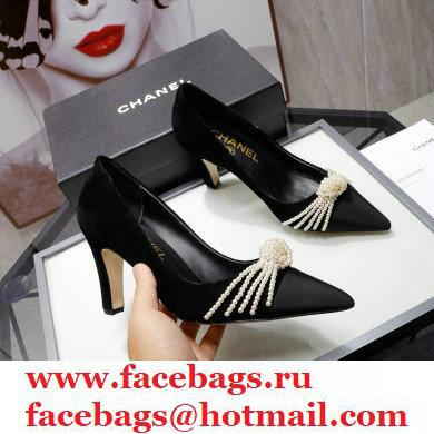 Chanel Heel 7.5cm Pearl Bow Grosgrain Pumps G36391 Suede Black 2021