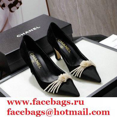 Chanel Heel 7.5cm Pearl Bow Grosgrain Pumps G36391 Suede Black 2021