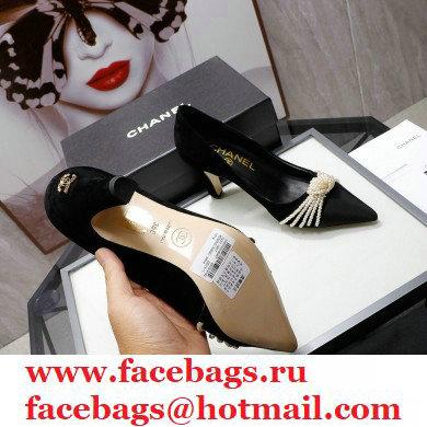 Chanel Heel 7.5cm Pearl Bow Grosgrain Pumps G36391 Suede Black 2021