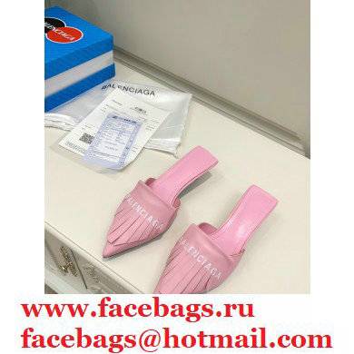 Balenciaga Heel 3cm Logo Fringe Knife Leather Mules Pink 2021