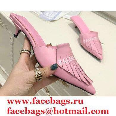 Balenciaga Heel 3cm Logo Fringe Knife Leather Mules Pink 2021