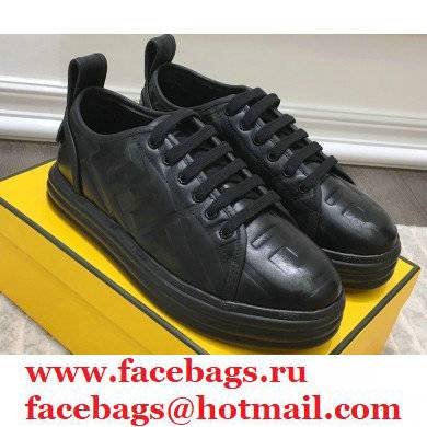 Fendi Rise Leather Flatform Sneakers Black with All-over Embossed FF 2021