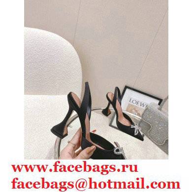 Amina Muaddi Heel Rosie Slingback Pumps Satin Black with Crystal Bow