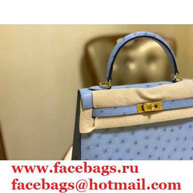 HERMES OSTRICH LEATHER KELLY 25 BAG celeste