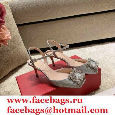 roger vivier 6.5CM HEEL Flower Strass Buckle Sandals in Satin silver