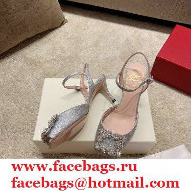 roger vivier 6.5CM HEEL Flower Strass Buckle Sandals in Satin silver