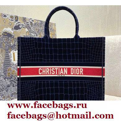 Dior Book Tote Bag in Crocodile-Effect Embroidered Velvet Blue 2021