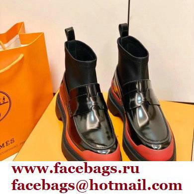 Hermes Heel Brushed Leather Ankle Boots Black/Red Handmade