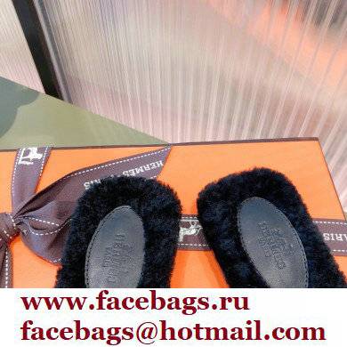 Hermes Shearling Woolskin Oran Sandals Black 2021