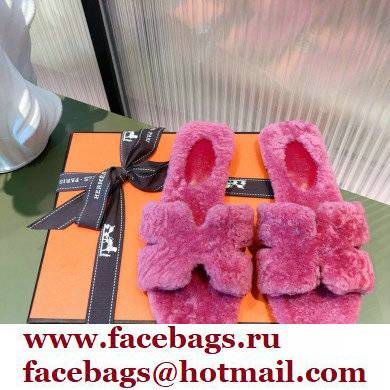 Hermes Shearling Woolskin Oran Sandals Fuchsia 2021