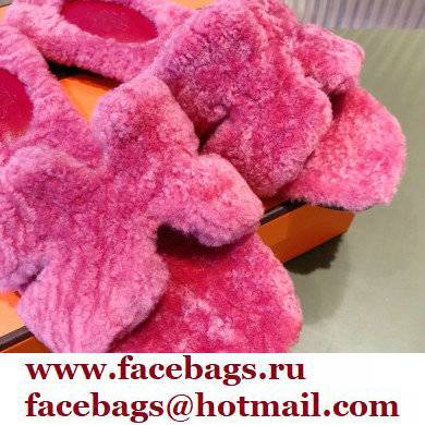 Hermes Shearling Woolskin Oran Sandals Fuchsia 2021