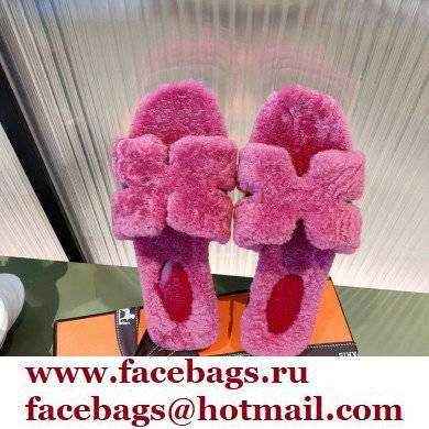 Hermes Shearling Woolskin Oran Sandals Fuchsia 2021