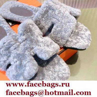 Hermes Shearling Woolskin Oran Sandals Gray 2021