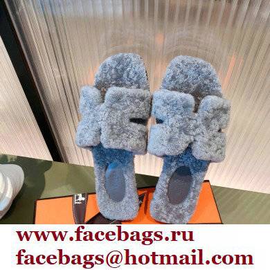 Hermes Shearling Woolskin Oran Sandals Gray 2021